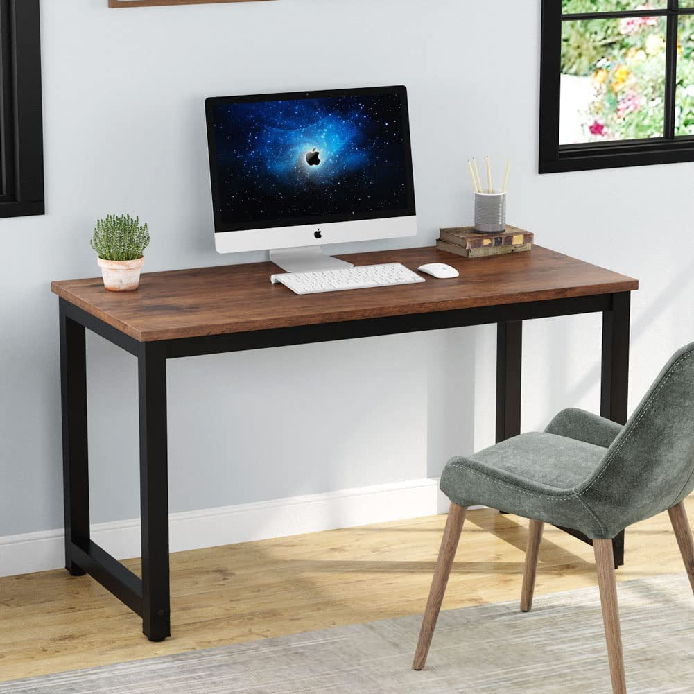 Rustic Brown Computer Desk with Metal Legs and Spacious Desktop